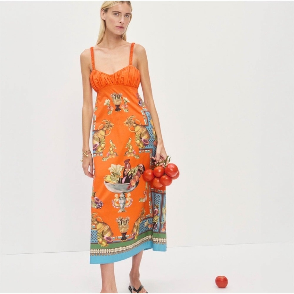 ALEMAIS Rocco Midi Dress Sz2 Orange NWT Fruit Print Summer Resort Designer Euro